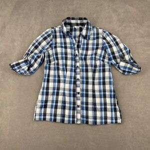 St. John's Bay Shirt Top Womens Small Multicolor Plaid Roll Tab Sleeve Button Up